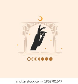 Material abstracto de vector dibujado a mano ilustración gráfica plana con elemento logotipo,arte de línea mágica de la media luna,silueta de mano femenina y marco de arco en estilo sencillo para marca, aislado en fondo de color