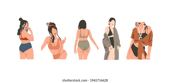 Hand drawn vector abstract stock flat graphic contemporary aesthetic fashion illustrations collection set with bohemian,beautiful modern collage female in minimal style isolated on white background