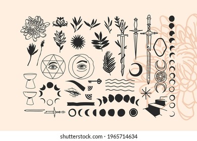 Hand drawn vector abstract stock flat graphic illustrations alchemy esoteric icons collection set with logo elements,magic sacred boho moon phases,stars,sun silhouettes isolated on white background