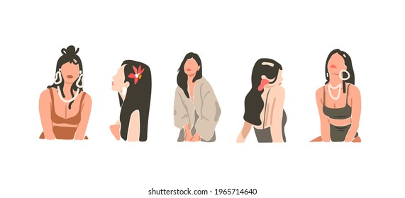 Colección de ilustraciones de moda estética estética contemporánea con material abstracto de vectores dibujados a mano, ambientada con hembra bohemiana, bella y moderna de collage de estilo mínimo aislada en fondo blanco