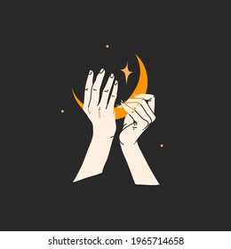 Hand drawn vector abstract stock flat graphic alchemy illustration with logo elements,magic line art of golden crescent,feminine hand silhouette and stars for branding,isolated on black background