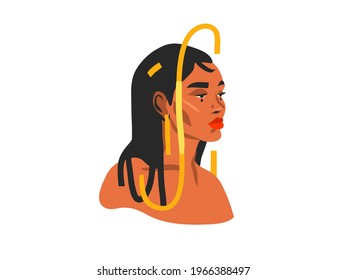 Hand drawn vector abstract stock flat graphic illustration with ethnic tribal beautiful woman portrait in simple trendy fashion style ,isolated on white background