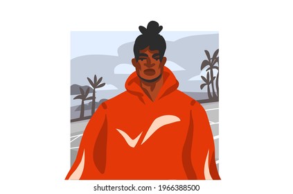 Dibujo manual vectorial abstracto gráfico de stock con joven feliz hombre de belleza afroamericano negro, vestido de moda en la escena de playa de palmeras aislado en fondo blanco