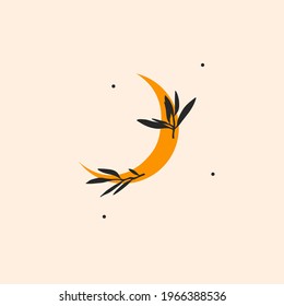 Hand drawn vector abstract stock graphic illustration with logo element,bohemian magic line art of gold moon crescent,stars and floral leaves in simple style for branding,isolated on color background