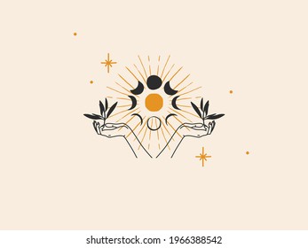 Hand drawn vector abstract stock flat graphic illustration with logo element,bohemian magic line art of gold sun,woman hand and moon phases in simple style for branding,isolated on color background