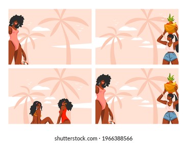 Hand drawn vector abstract stock flat graphic illustrations set with young,happy afro american beauty boho women group in swimsuit on sundown view scene on the beach isolated on pastel background