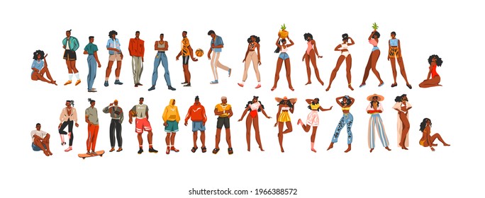 Hand drawn vector abstract stock flat contemporary illustrations collection set bundle with different young adult hipster african american men and women in fashion style isolated on white background