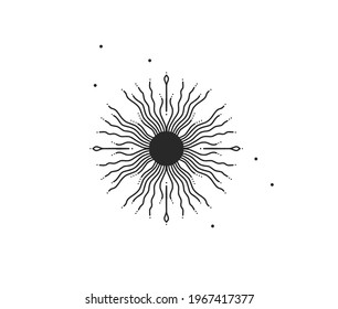 Hand drawn vector abstract stock flat graphic illustration with logo element of magic celestial sun silhouette art in simple style for branding,isolated on white background
