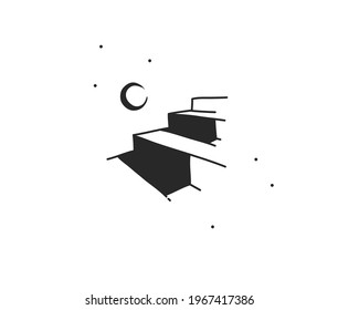 Hand drawn vector abstract stock flat graphic illustration with logo element crescent line art of mystic symbol,stairs in simple style for branding,isolated on white background