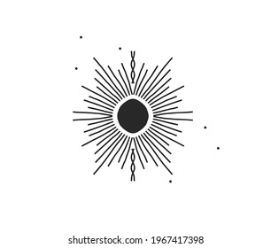 Hand drawn vector abstract stock flat graphic illustration with logo element of magic celestial sun silhouette art in simple style for branding,isolated on white background