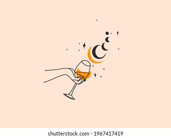 Hand drawn vector abstract stock flat graphic illustration with logo elements ,woman fashion magic line art hands drink moon phases and stars in simple style for branding,isolated on color background