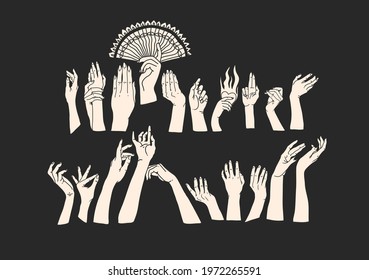 Hand drawn vector abstract stock flat graphic illustration with logo elements collection set bundle,woman magic black silhouette hand touch in simple style for branding,isolated on black background