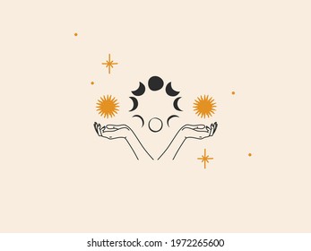 Hand drawn vector abstract stock flat graphic illustration with logo element,bohemian magic line art of gold sun,woman hand and moon phases in simple style for branding,isolated on color background