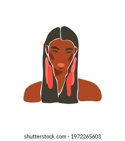 Hand drawn vector abstract stock flat graphic contemporary line art,aesthetic fashion illustration with bohemian,beautiful modern female portrait in simple trendy style isolated on pastel background