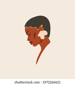 Hand drawn vector abstract stock flat graphic contemporary line art,aesthetic fashion illustration with bohemian,beautiful modern female portrait in simple trendy style isolated on pastel background