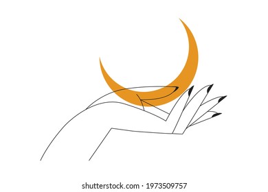 Hand drawn vector abstract stock flat graphic illustration with logo elements ,woman fashion magic line art hands touch moonand stars in simple style for branding ,isolated on white background