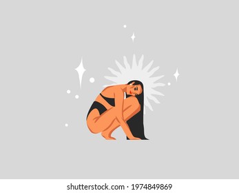 Hand drawn vector abstract stock flat graphic clipart illustration with bohemian celestial tribal mystic beautiful witchy woman,moon and magic stars in simple style ,isolated on color background