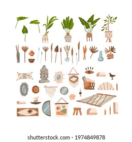 Hand drawn vector abstract stock graphic bohemian clipart collection set illustrations with beauty interior design elements,modern scandinavian furniture living room isolated on white background