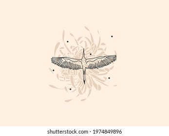 Hand drawn vector abstract stock flat graphic illustration with logo element,magic line art of flying bird and peony flower silhouette in simple style for branding,isolated on color background