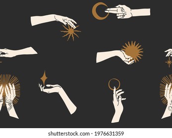 Hand drawn vector abstract stock graphic illustration sketch seamless pattern with human hands silhouette,mystic occult sun and moon phases,line art celestial pattern isolated on black background