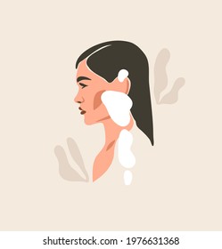 Hand drawn vector abstract stock flat graphic contemporary aesthetic fashion illustration with bohemian,beautiful modern female portrait in simple trendy minimal style isolated on pastel background