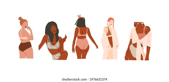 Hand drawn vector abstract stock flat graphic contemporary aesthetic fashion illustrations collection set with bohemian,beautiful modern collage female in minimal style isolated on white background