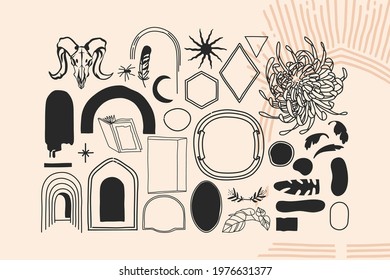 Hand drawn vector abstract stock flat graphic illustrations alchemy esoteric icons collection set with logo elements,magic sacred boho moon,frames,stars,sun silhouettes isolated on white background