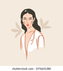 Hand drawn vector abstract stock flat graphic contemporary aesthetic fashion illustration with bohemian,beautiful modern female portrait in simple trendy minimal style isolated on pastel background