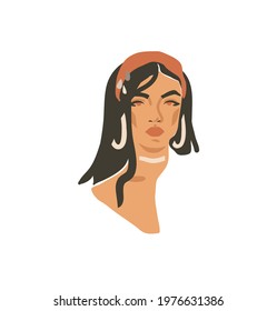 Hand drawn vector abstract stock flat graphic contemporary line art,aesthetic fashion illustration with bohemian,beautiful modern female portrait in simple trendy style isolated on white background