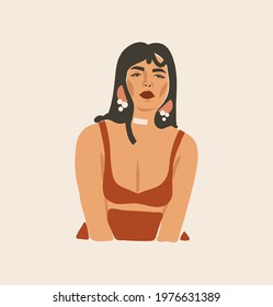 Hand drawn vector abstract stock flat graphic contemporary line art,aesthetic fashion illustration with bohemian,beautiful modern female portrait in simple trendy style isolated on white background