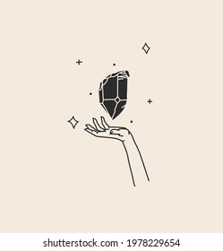 Hand drawn vector abstract stock flat graphic illustration with logo element,bohemian magic art of crystal silhouette,woman hand and stars in simple style for branding,isolated on color background