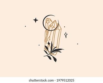 Hand drawn vector abstract stock flat graphic illustration with logo element,bohemian magic line art of crystal,crescent and leaves silhouette in simple style for branding,isolated on color background
