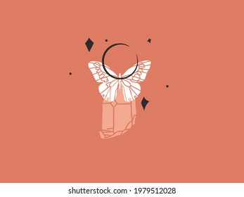 Hand drawn vector abstract stock flat graphic illustration with logo element,bohemian magic art of crescent,butterfly and crystal silhouette in simple style for branding,isolated on color background