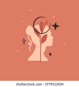 Hand drawn vector abstract stock flat graphic illustration with logo element,bohemian magic art of crescent,woman silhouette and floral leaf in simple style for branding,isolated on color background