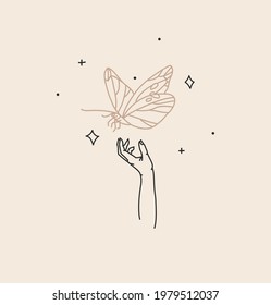 Hand drawn vector abstract stock flat graphic illustration with logo element,bohemian magic art of butterfly and stars in witch woman hand,simple style for branding,isolated on color background