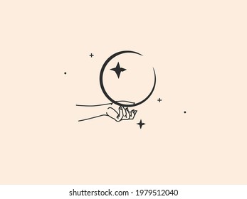 Hand drawn vector abstract stock flat graphic illustration with logo element,bohemian magic line art of crescent moon,woman hand and stars in simple style for branding,isolated on color background