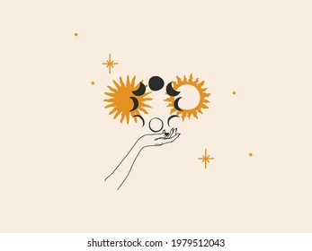Hand drawn vector abstract stock flat graphic illustration with logo element,bohemian magic line art of gold sun,woman hand and moon phases in simple style for branding,isolated on color background