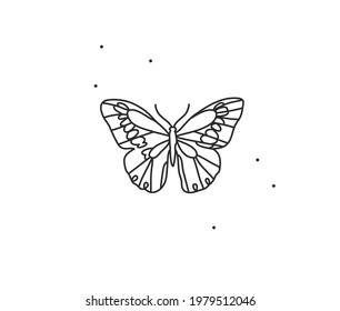 Hand drawn vector abstract stock flat graphic illustration with logo element,bohemian magic art of butterfly line art in simple style for branding,isolated on white background.Feminine logo concept.