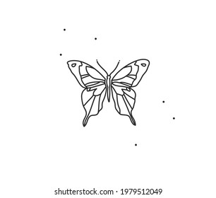 Hand drawn vector abstract stock flat graphic illustration with logo element,bohemian magic art of butterfly line art in simple style for branding,isolated on white background.Feminine logo concept