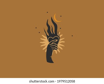 Hand drawn vector abstract stock flat graphic illustration line art with logo elements,magic sun,crescent moon and witch hand with burning heart,simple style for branding,isolated on color background