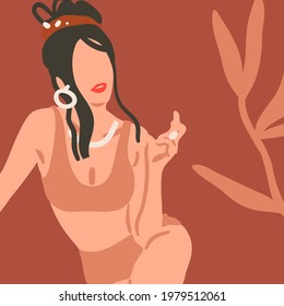 Material abstracto de vector de mano arte contemporáneo gráfico plano,ilustración estética de moda con bohemias,hermoso retrato moderno del cuerpo femenino en traje de baño,estilo de moda aislado en fondo de color