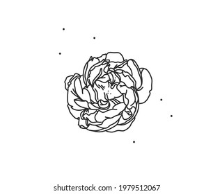 Grado abstracto de vectores dibujado a mano material gráfico plano con el logotipo elemento flor de línea arte de peonía en estilo simple para marca, aislado en fondo blanco.Concepto sagrado mágico boho femenino