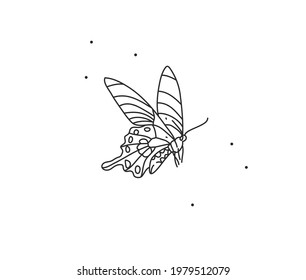 Gráfica plana de material vectorial dibujado a mano con elemento de logotipo,arte mágico bohemio de línea de mariposa en estilo simple para marca,aislado en fondo blanco.Concepto de logotipo femenino.