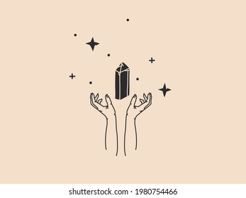 Gráfica plana de tipo vectorial dibujado a mano material abstracto ilustración gráfica plana con elemento logo,línea mágica bohemia arte de piedra gema de cristal, mano de mujer y estrella en estilo simple para marca, aislado en fondo de color