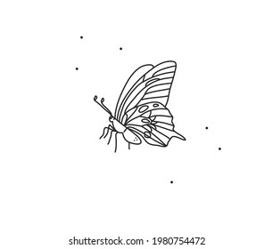 Hand drawn vector abstract stock flat graphic illustration with logo element,bohemian magic art of butterfly line art in simple style for branding,isolated on white background.Feminine logo concept.