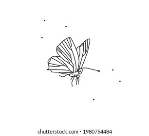 Hand drawn vector abstract stock flat graphic illustration with logo element,bohemian magic art of butterfly line art in simple style for branding,isolated on white background.Feminine logo concept