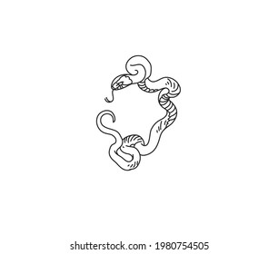 Hand drawn vector abstract stock flat graphic illustration with logo element,mystic tribal magic line silhouette art snake in simple style for branding,isolated on white backgroun