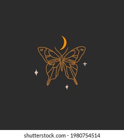 Hand drawn vector abstract stock flat graphic illustration with logo element,bohemian magic art of gold crescent moon,butterfly silhouette in simple style for branding,isolated on black background