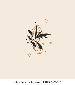 Hand drawn vector abstract stock flat graphic illustration with logo element,bohemian magic art of crystal gem stone,stars and floral leaves in simple style for branding,isolated on color background.