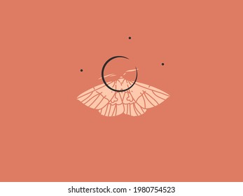 Hand drawn vector abstract stock flat graphic illustration with logo element,bohemian magic art of crescent,butterfly silhouette and stars in simple style for branding,isolated on color background